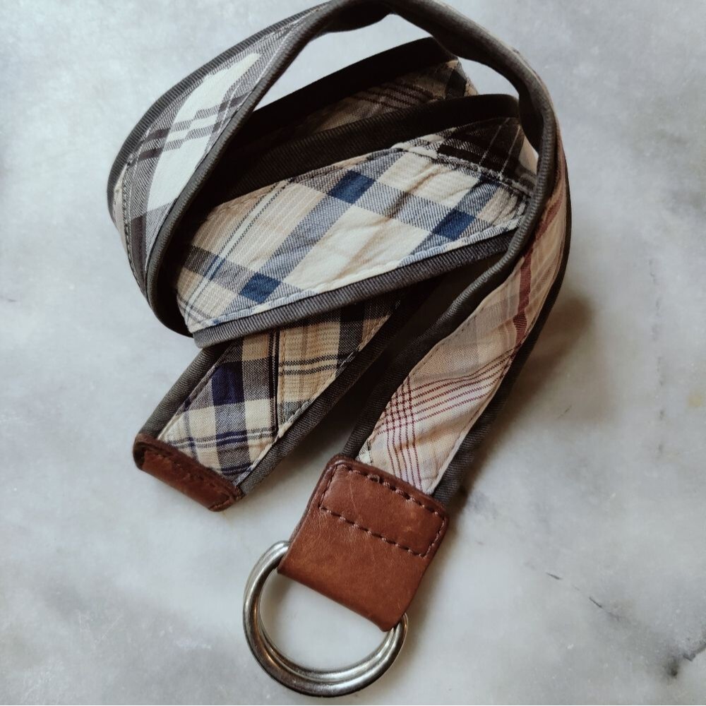 J. Crew Men's Woven 100% Cotton Madras Plaid Leather Trim D-Rings 1.5" Belt, S/M